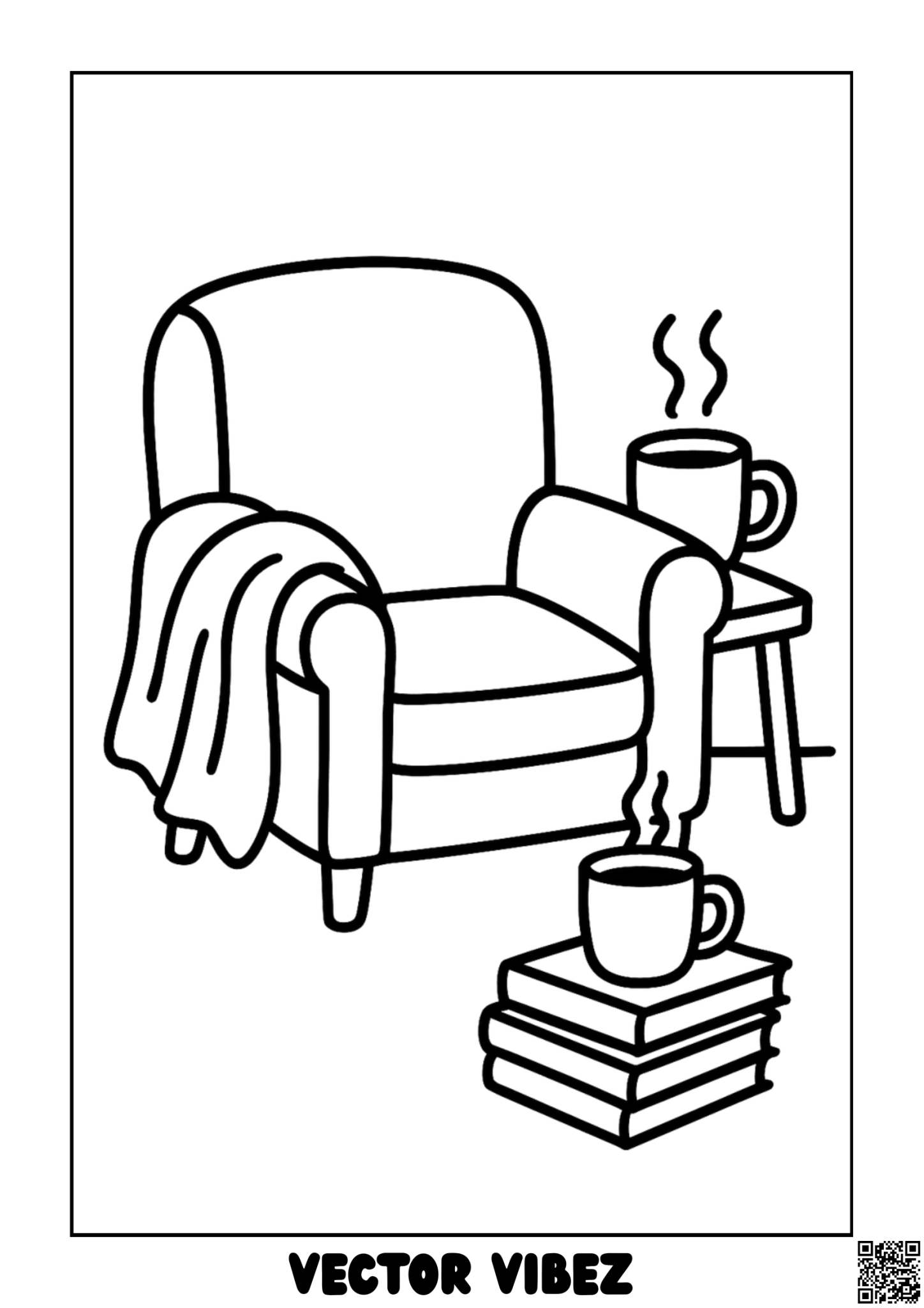 Cozy Armchair with Steaming Coffee coloring page, cover of the free Book Nooks coloring book for kids