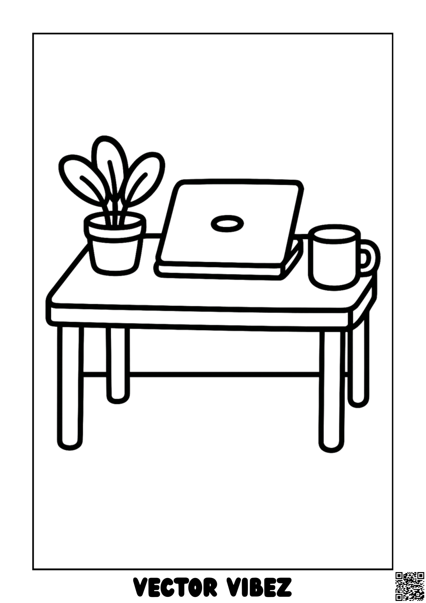 Cozy Desk with Laptop and Ferns coloring page, cover of the free Comfy Study coloring book for kids