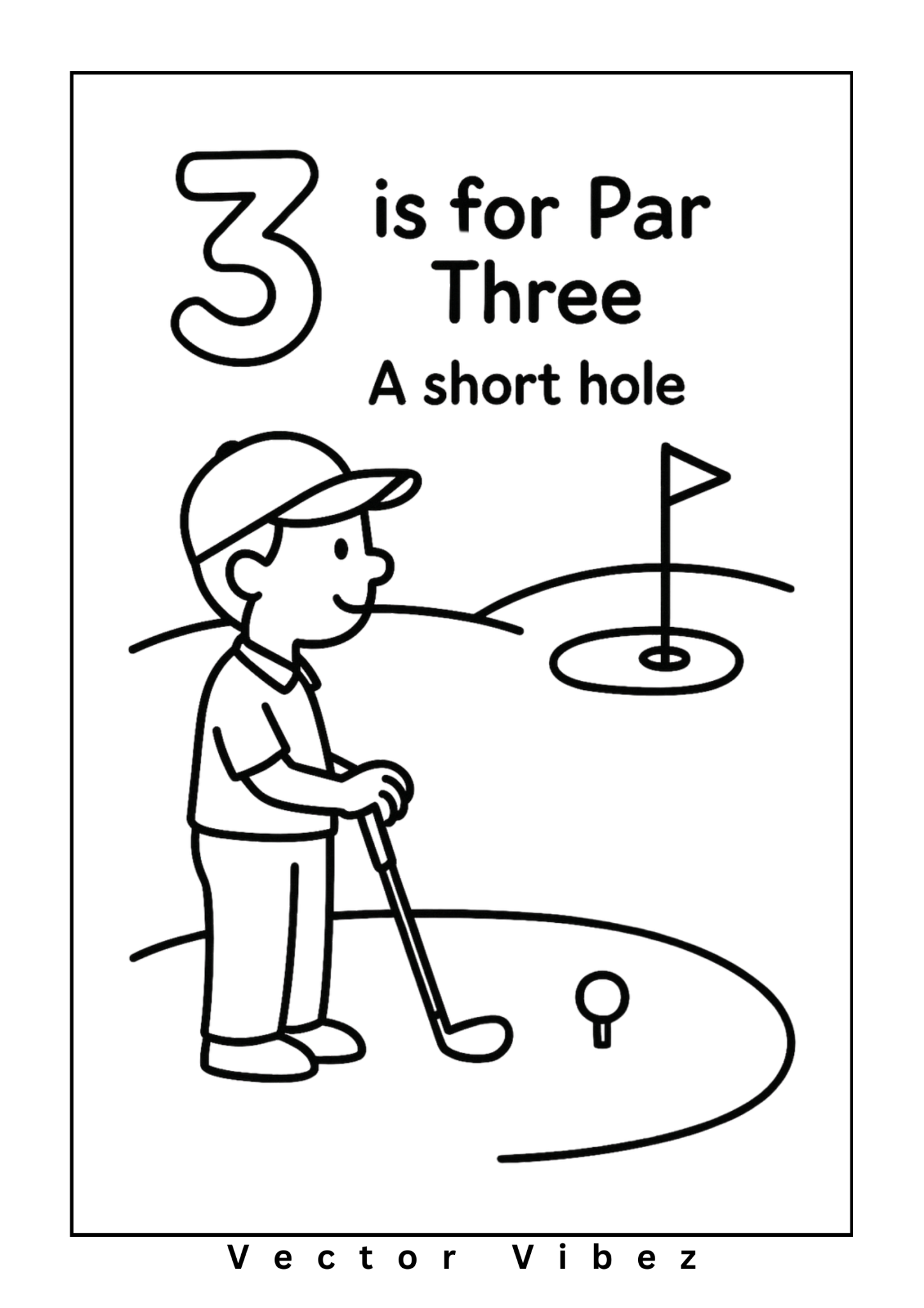 Golf counting page '3 is for Par Three': kid golfer on short hole