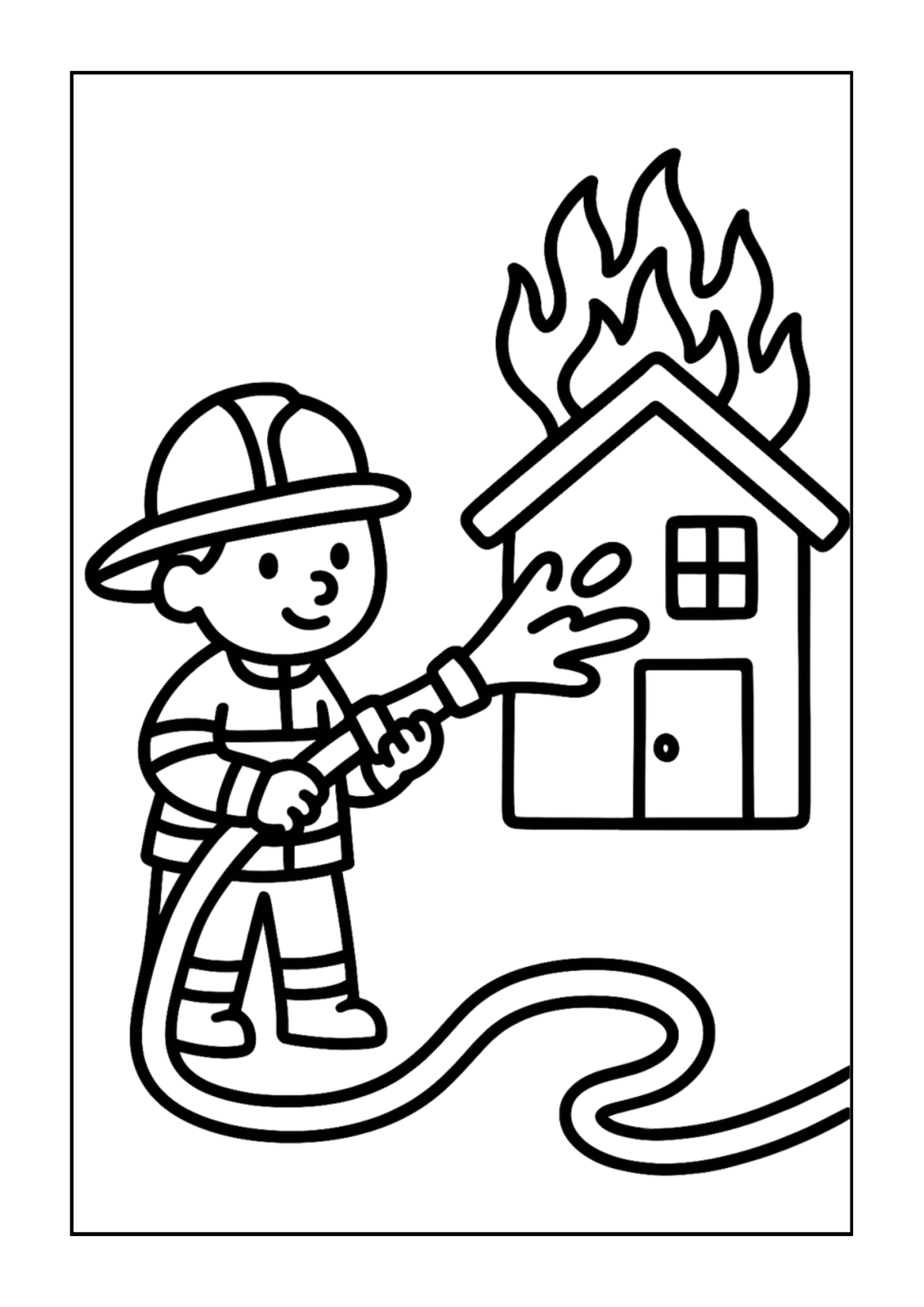 Firefighter spraying hose at burning house