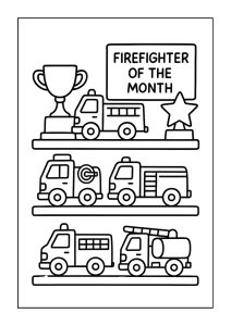 Shelves with 'Firefighter of the Month' trophy and toy fire trucks