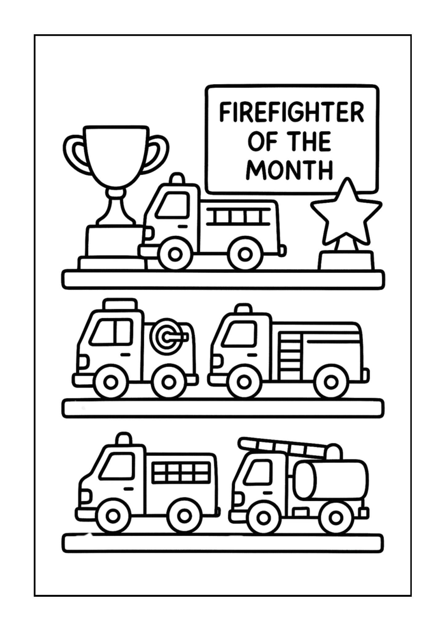Shelves with 'Firefighter of the Month' trophy and toy fire trucks