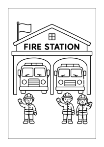 Free printable firemen waving at fire station coloring page for kids — download and print free at VectorVibez.com