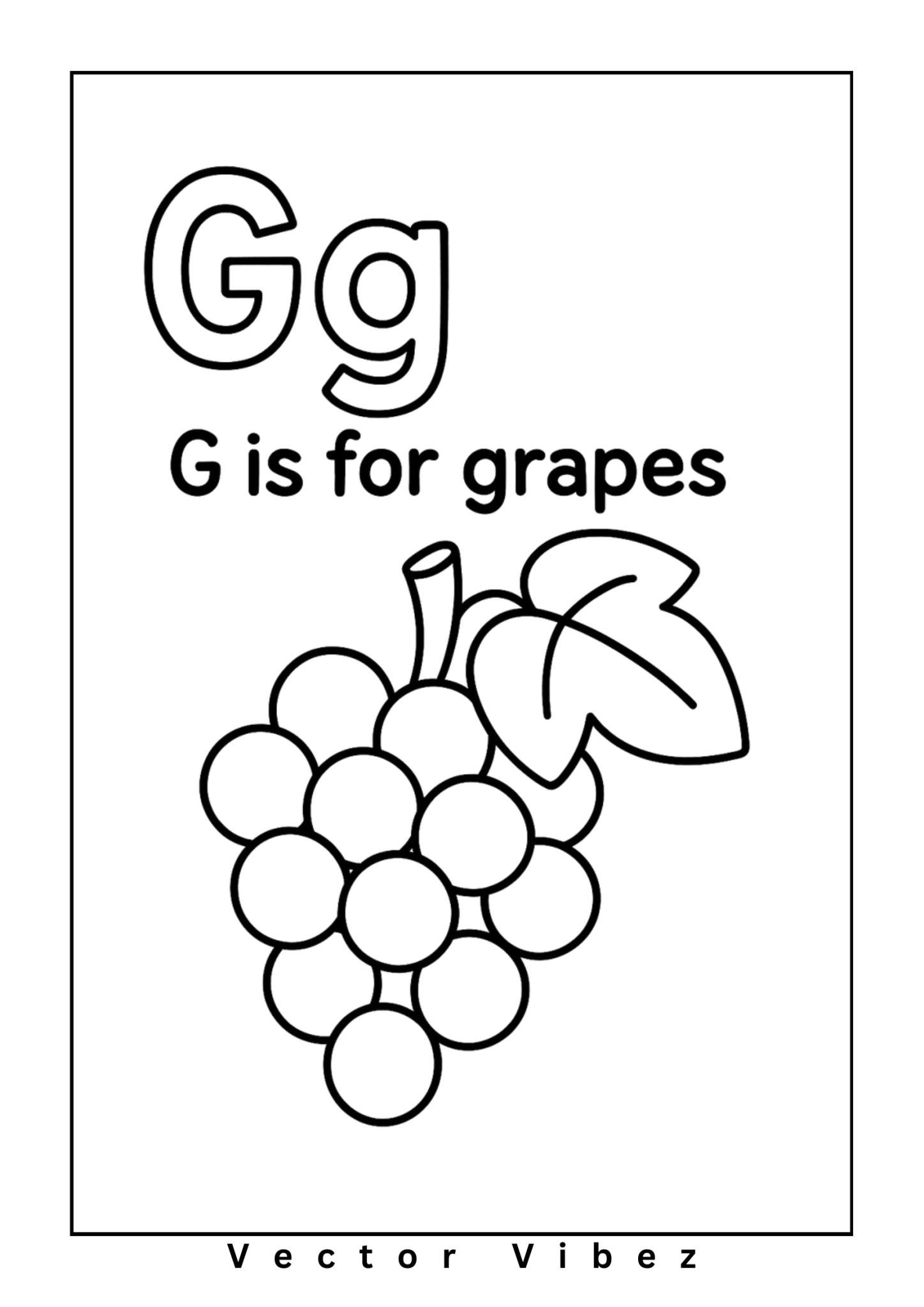 Alphabet flashcard 'G is for Grapes' with simple grapes drawing