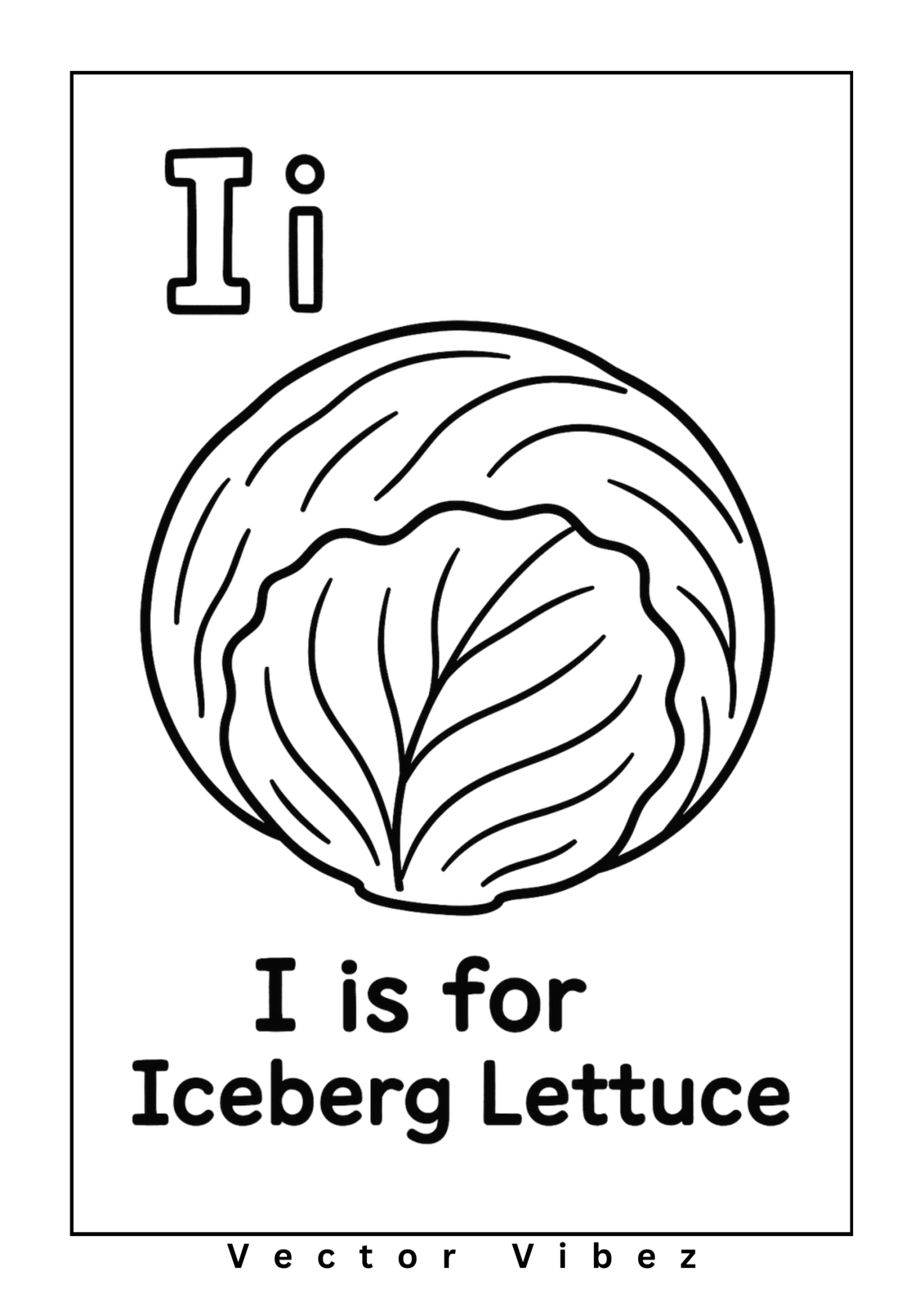 Alphabet flashcard 'I is for Iceberg Lettuce' with simple iceberg lettuce drawing