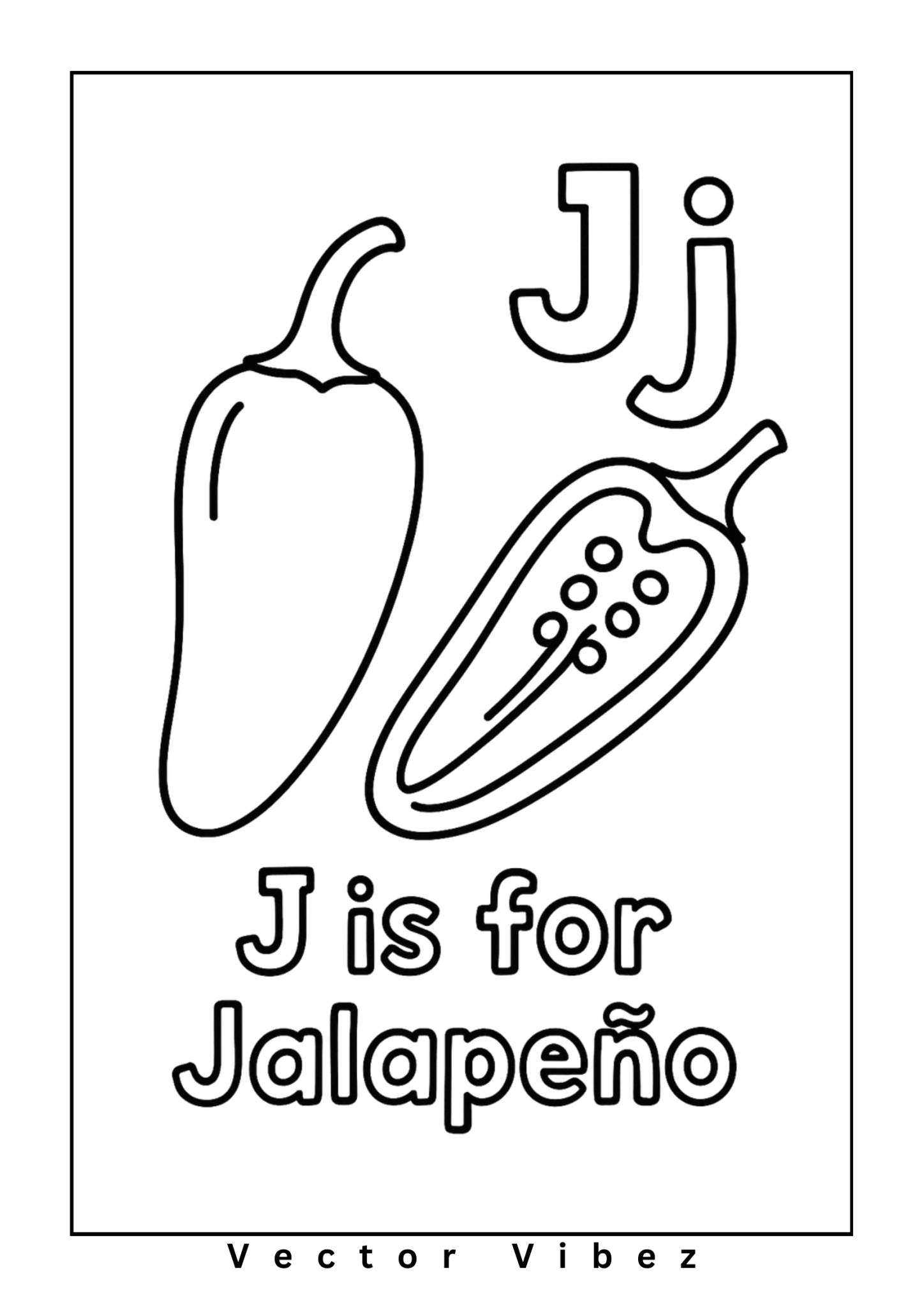 Alphabet flashcard 'J is for Jalapeno' with simple jalapeno drawing