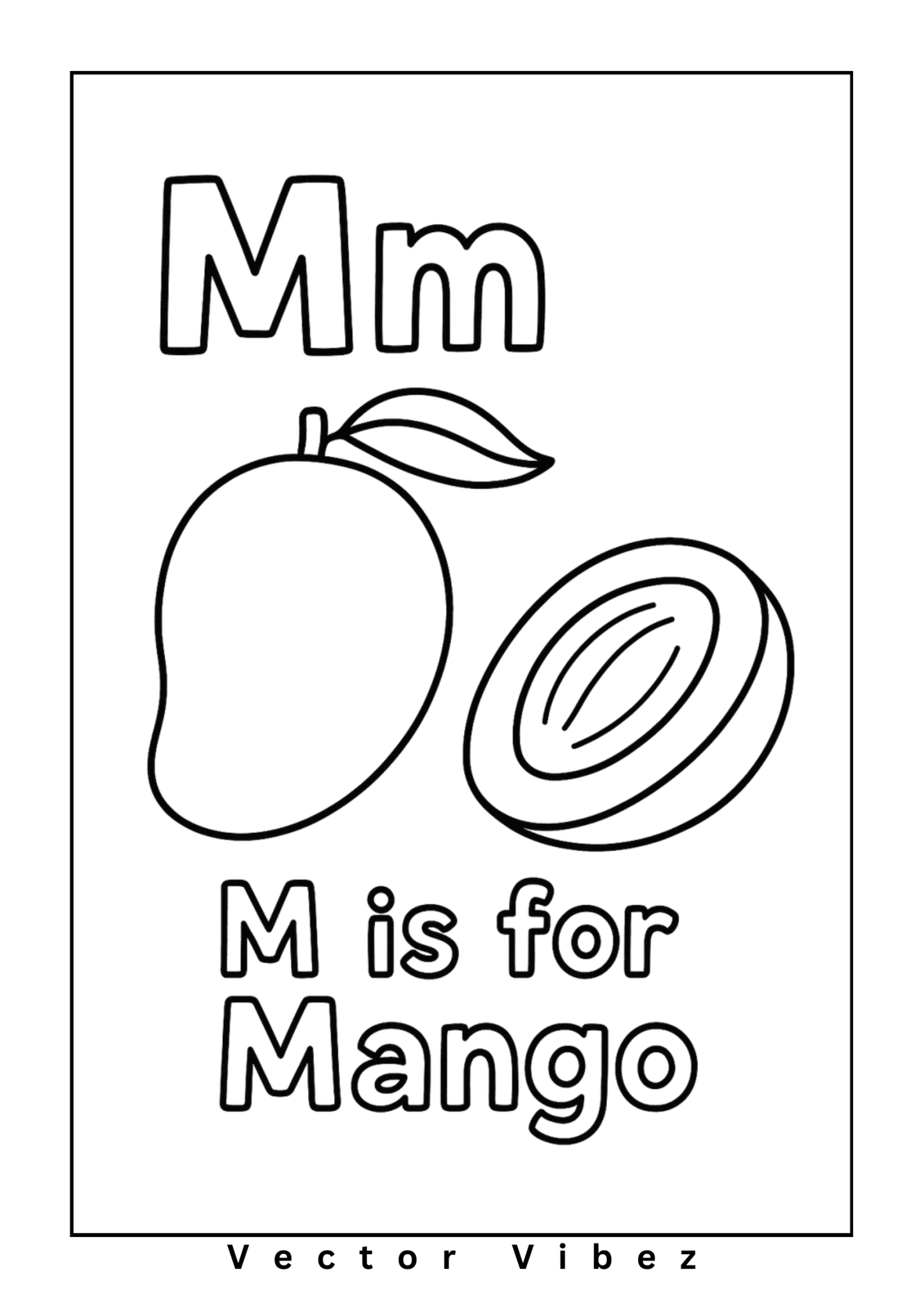 Alphabet flashcard 'M is for Mango' with simple mango drawing