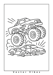 Free printable monster truck jumping over cars coloring page for kids — download and print free at VectorVibez.com