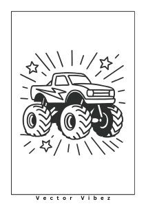 Free printable monster truck with giant tires coloring page for kids — download and print free at VectorVibez.com