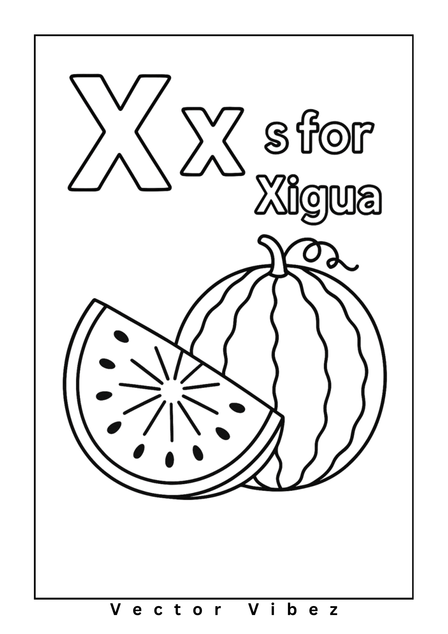 Alphabet flashcard 'X is for Xigua' with simple xigua drawing