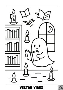 Friendly Ghost Reading by Candlelight coloring page, cover of the free Spooky Scenes coloring book for kids