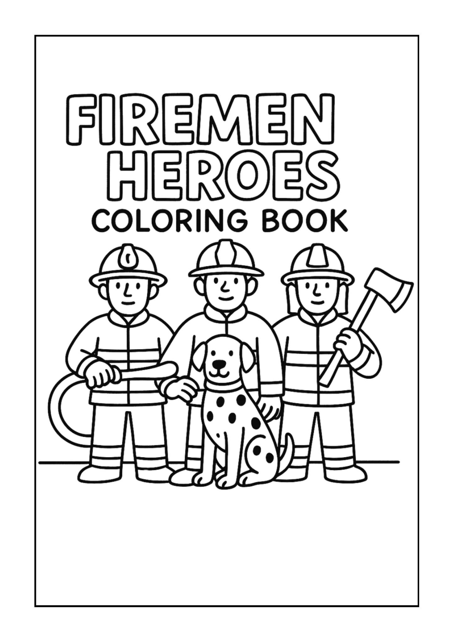 Firefighters Rescuing a Dalmatian Puppy coloring page, cover of the free Firemen Heroes coloring book for kids