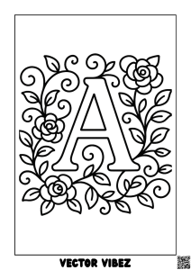 Floral Alphabet Letter A with Blossoming Roses coloring page, cover of the free Floral Alphabet coloring book for kids