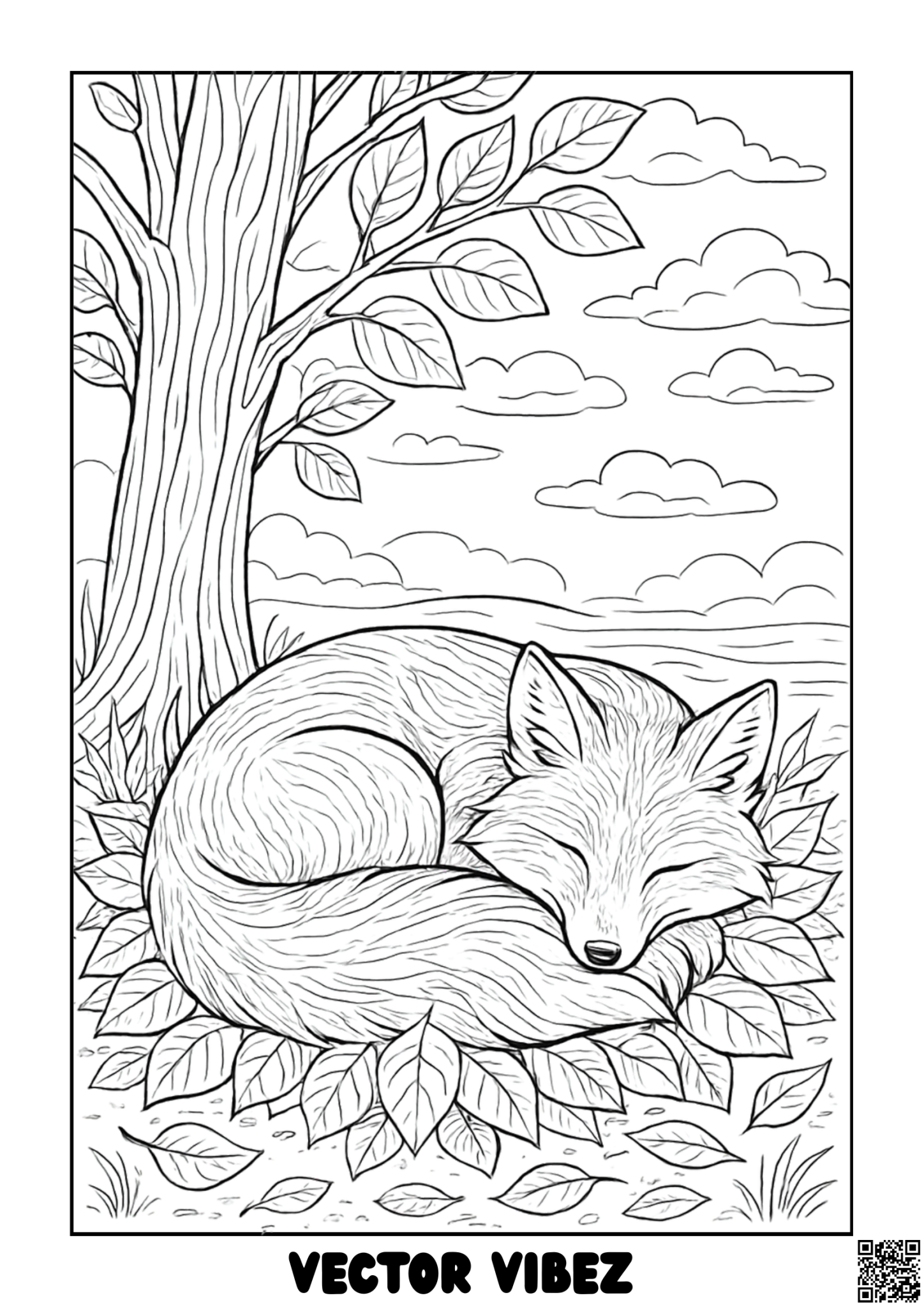 Sleeping Fox Under Moonlit Trees coloring page, cover of the free Forest Animals coloring book for kids