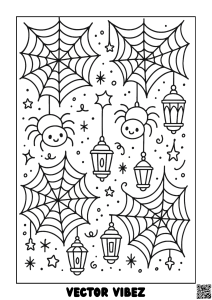Adorable Spiders and Glowing Lanterns coloring page, cover of the free Halloween Doodles coloring book for kids