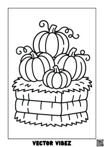 Towering Pumpkins on Haystack coloring page, cover of the free Pumpkin Patch coloring book for kids