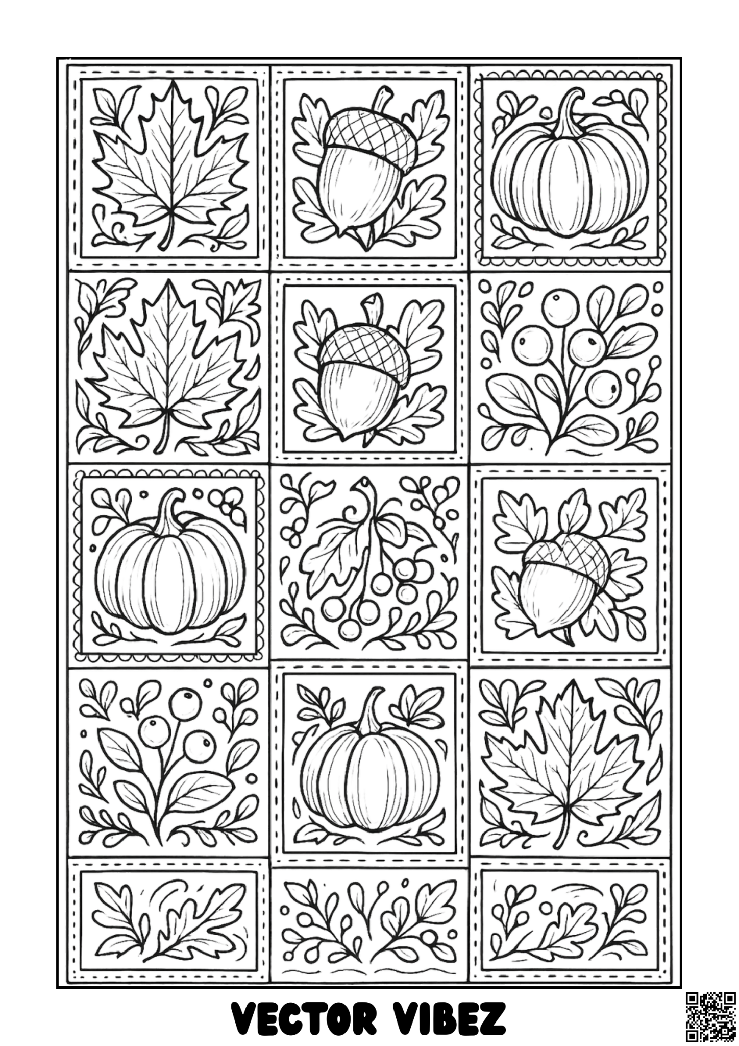 Squirrel Gathering Acorns in Autumn Leaves coloring page, cover of the free Autumn Motifs coloring book for kids