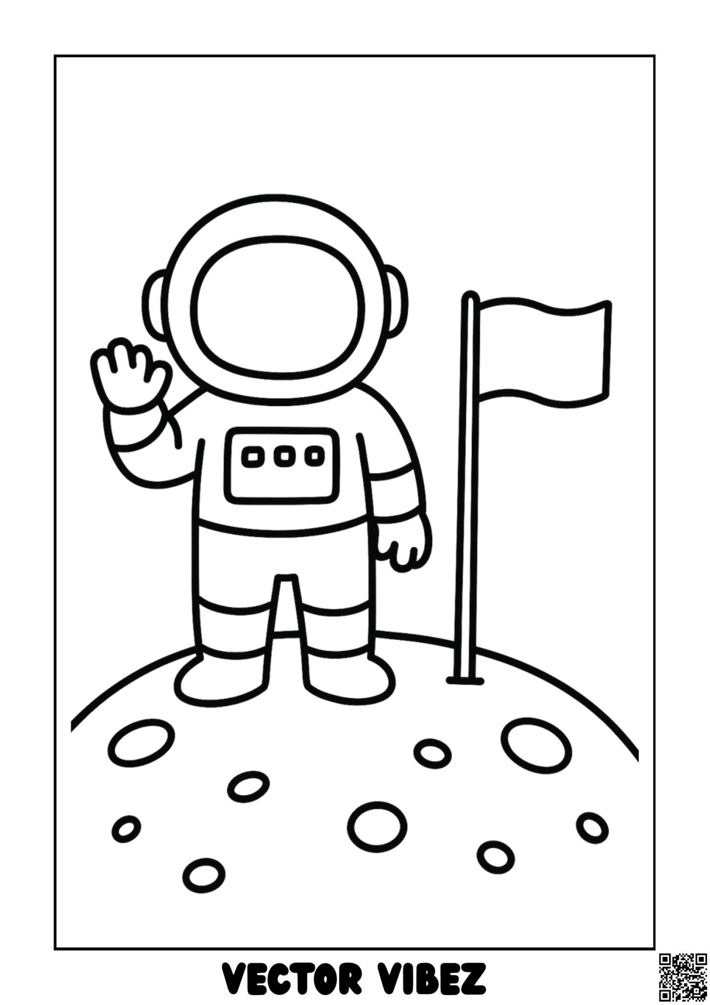 Free printable astronaut waving beside moon rover coloring page for kids — download and print free at VectorVibez.com