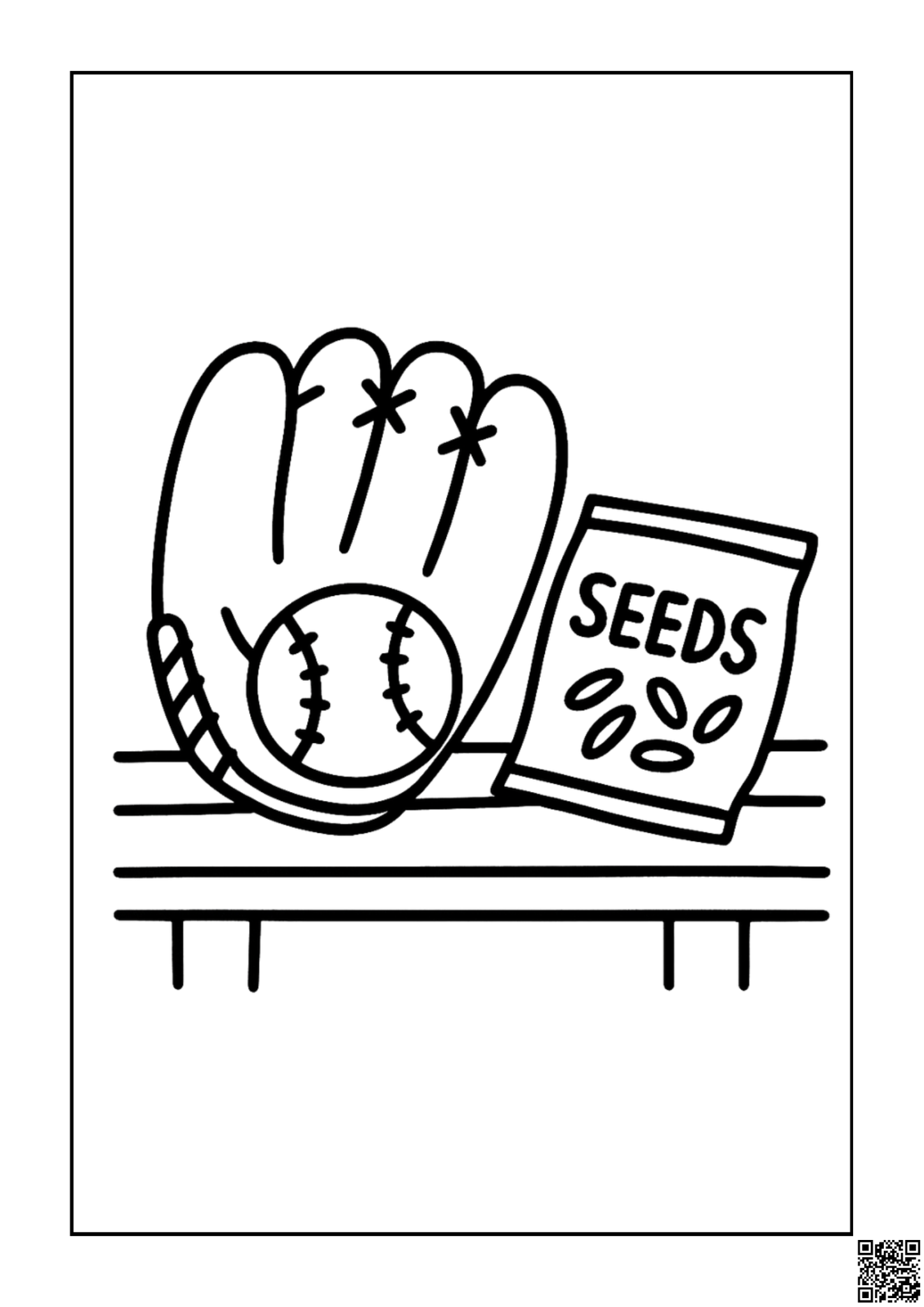 Free printable baseball glove overflowing with seeds coloring page for kids — download and print free at VectorVibez.com