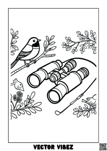 Free printable birdwatcher observing colorful birds coloring page for kids — download and print free at VectorVibez.com