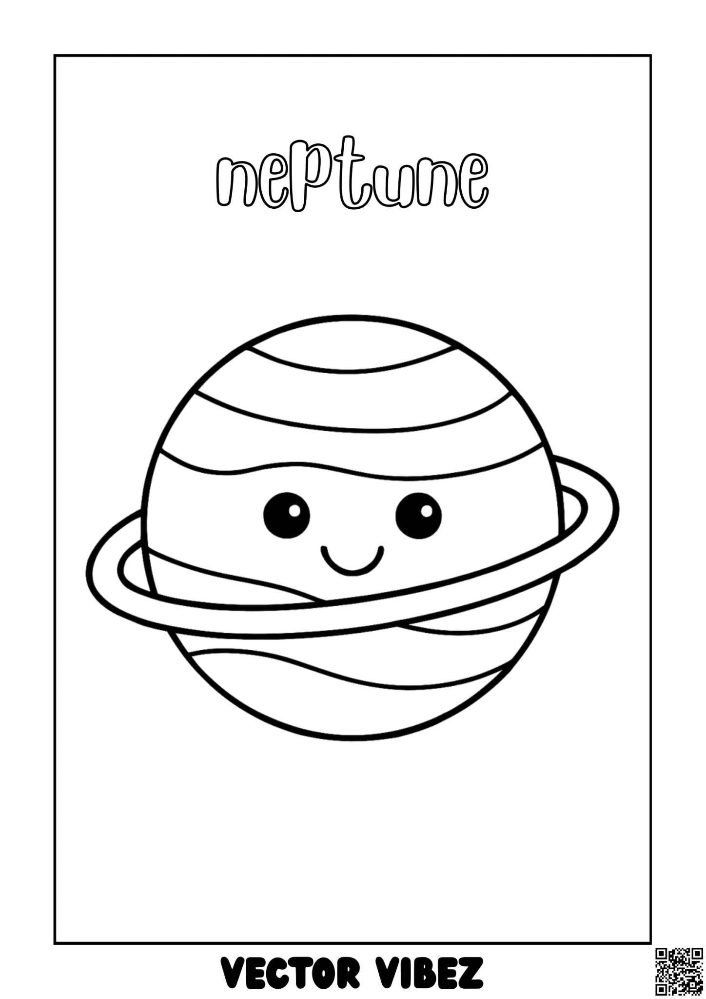 Free printable cheerful neptune with tiny fish coloring page for kids — download and print free at VectorVibez.com