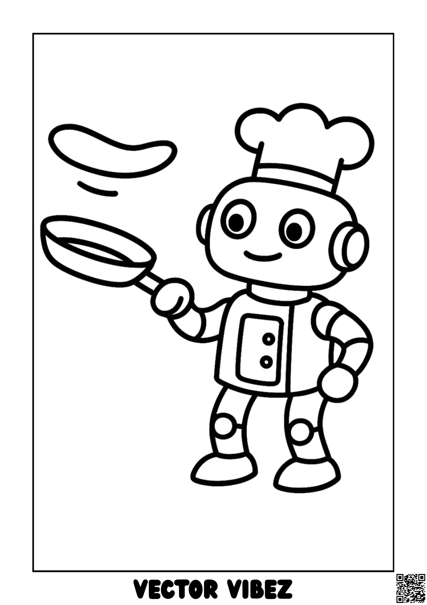 Free printable chef robot flipping pancakes coloring page for kids — download and print free at VectorVibez.com