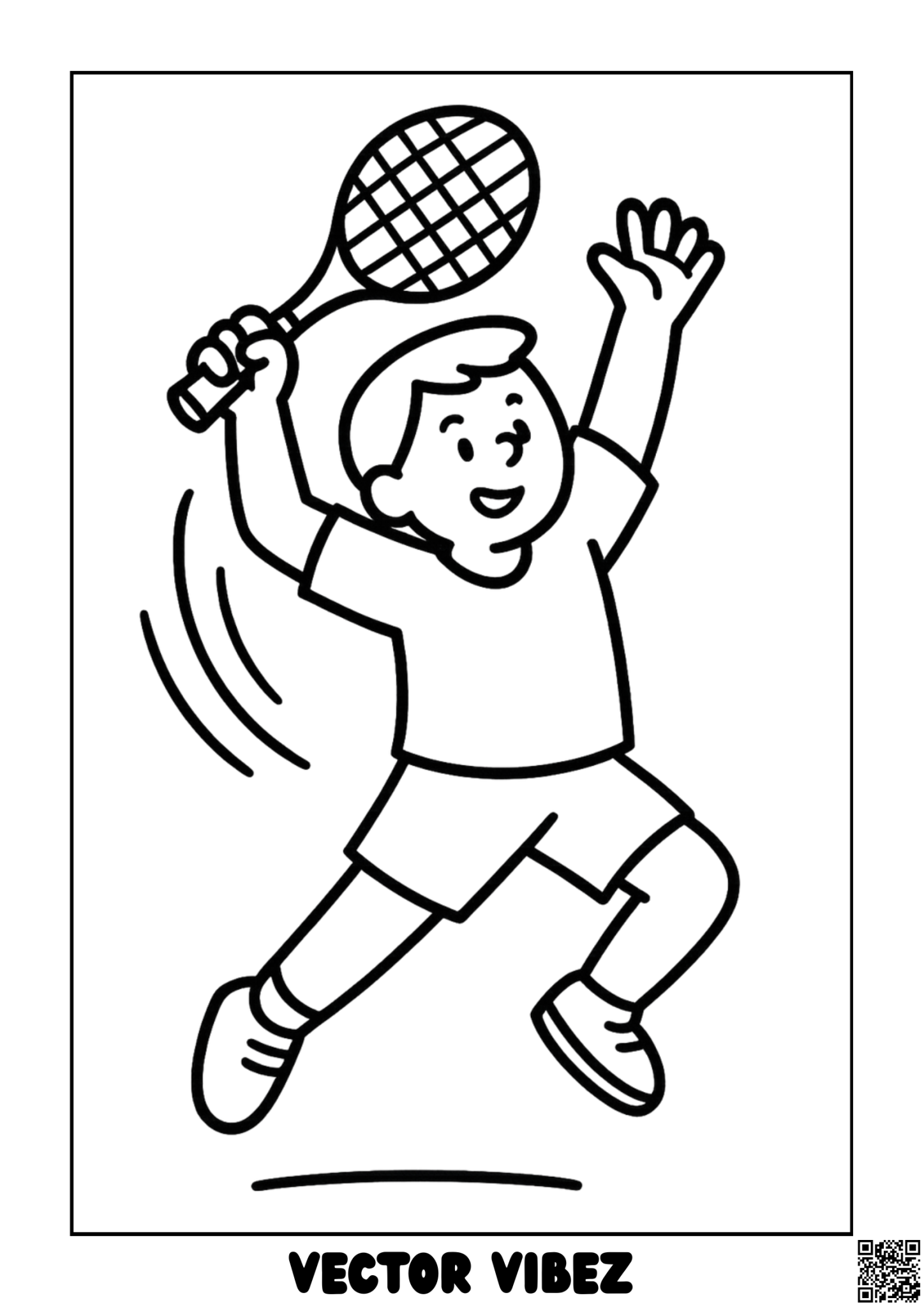 Free printable child serving tennis ball under sunny sky coloring page for kids — download and print free at VectorVibez.com