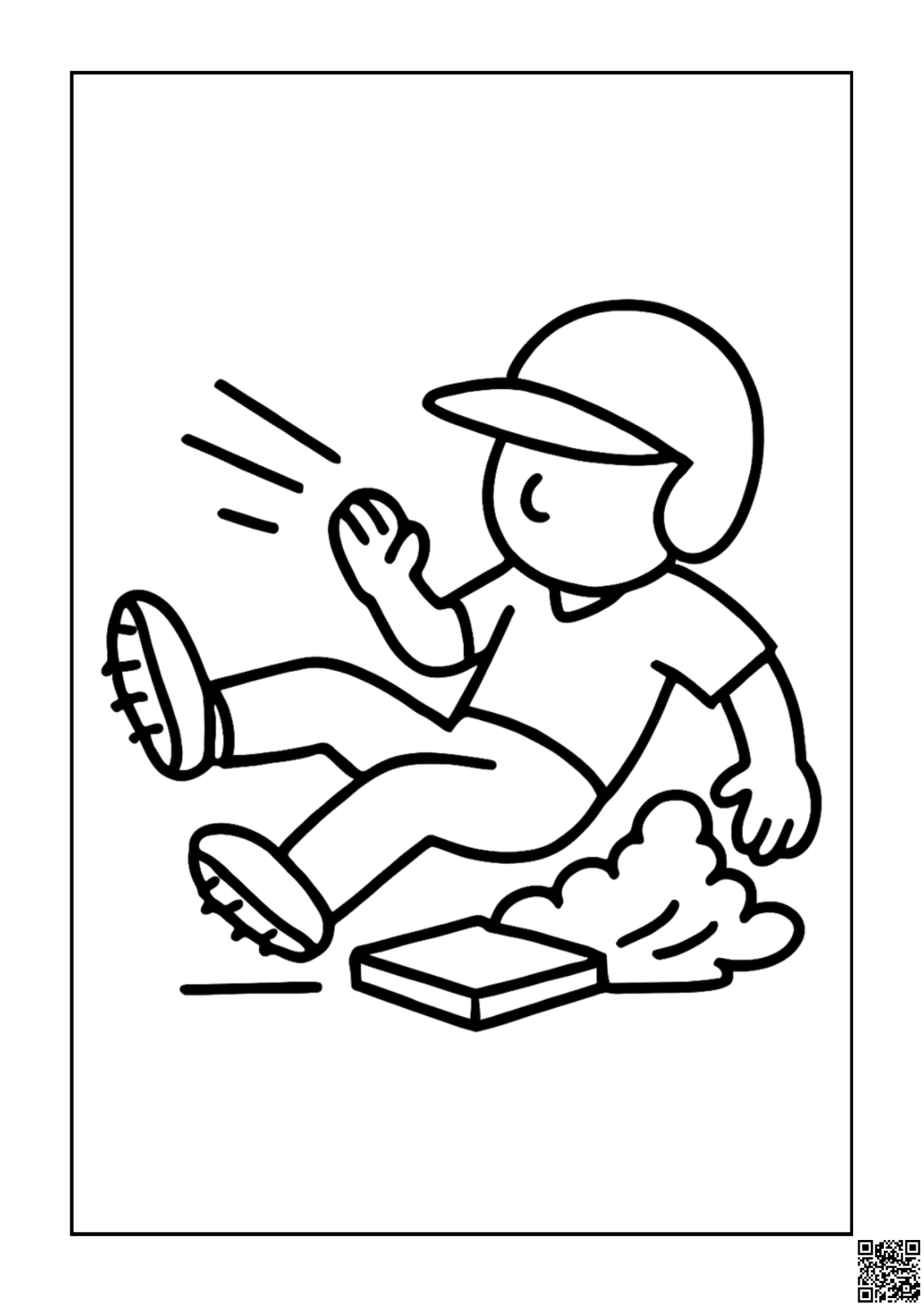 Free printable child sliding into home plate softball coloring page for kids — download and print free at VectorVibez.com