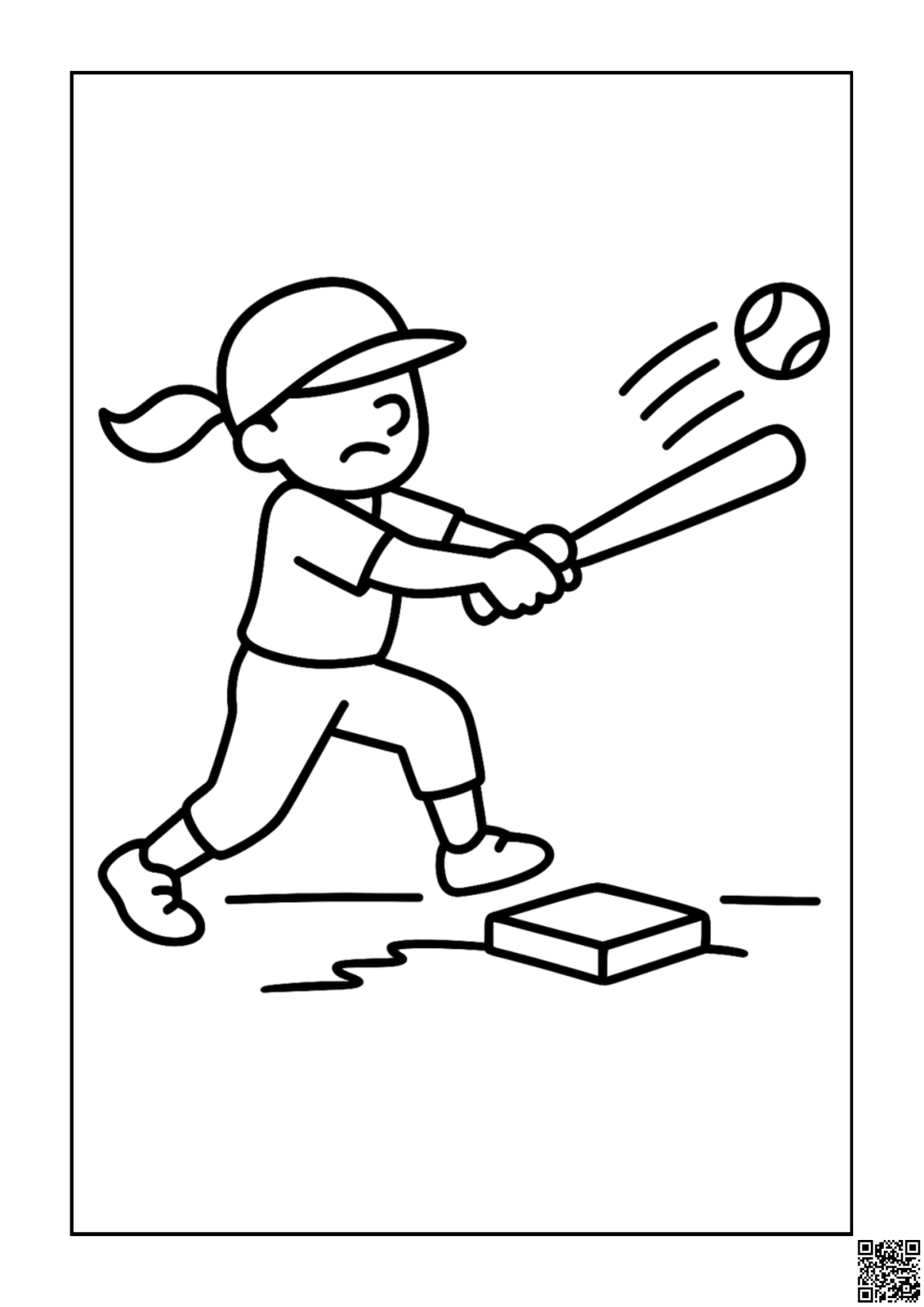 Free printable child swinging bat at softball coloring page for kids — download and print free at VectorVibez.com