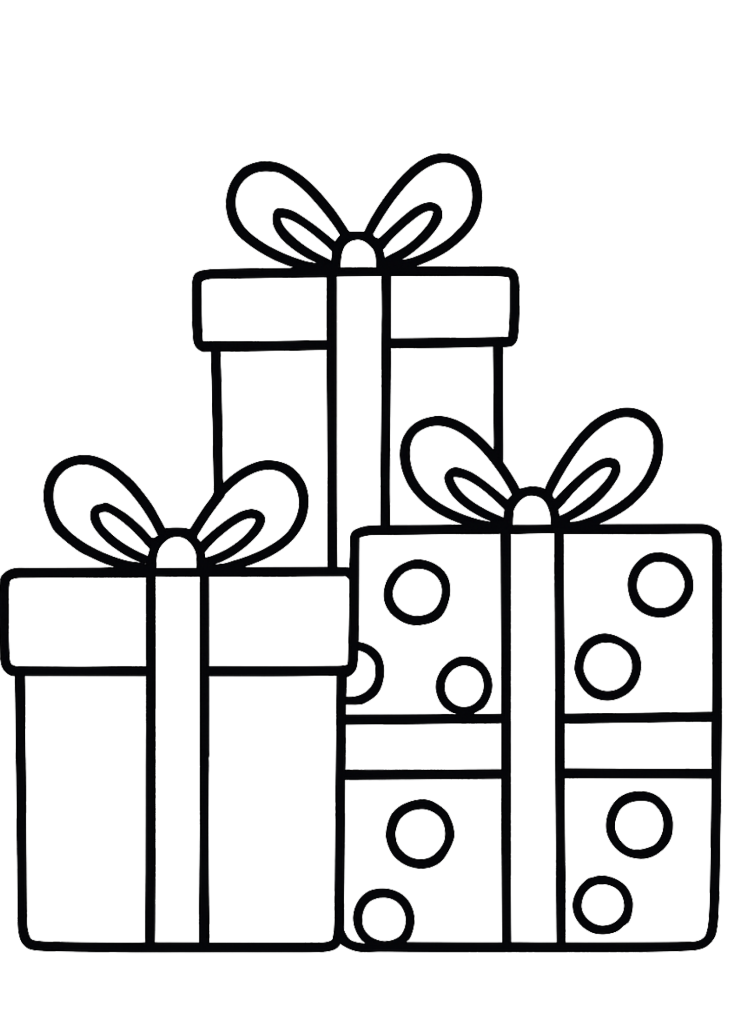 Free printable christmas gift boxes with bold ribbons coloring page for kids — download and print free at VectorVibez.com