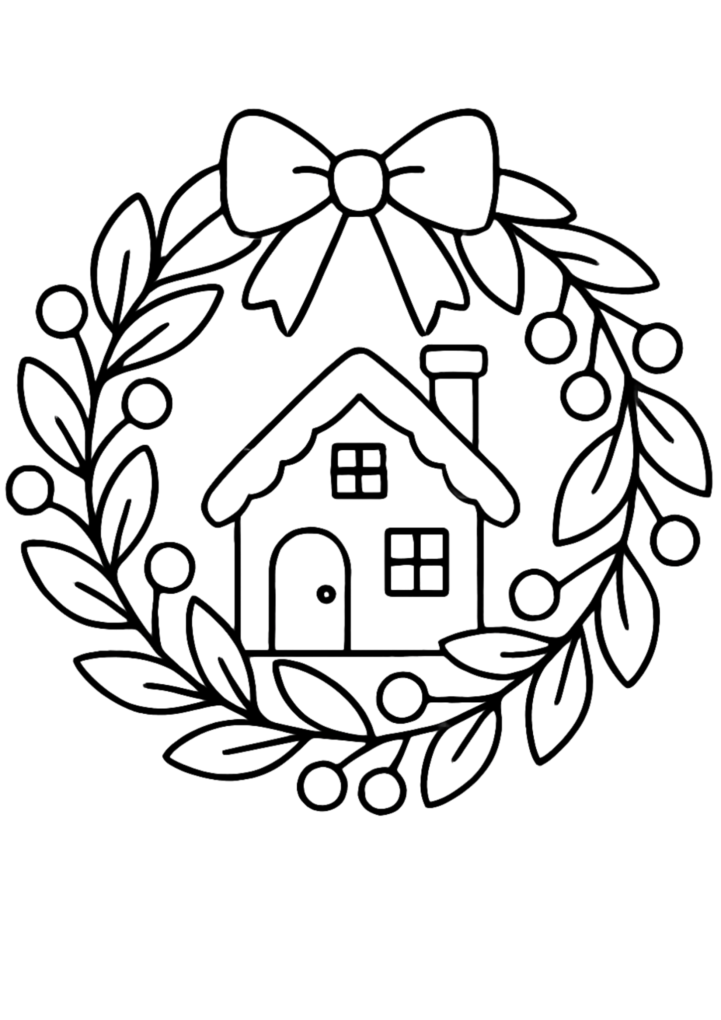 Free printable christmas house with wreath windows coloring page for kids — download and print free at VectorVibez.com