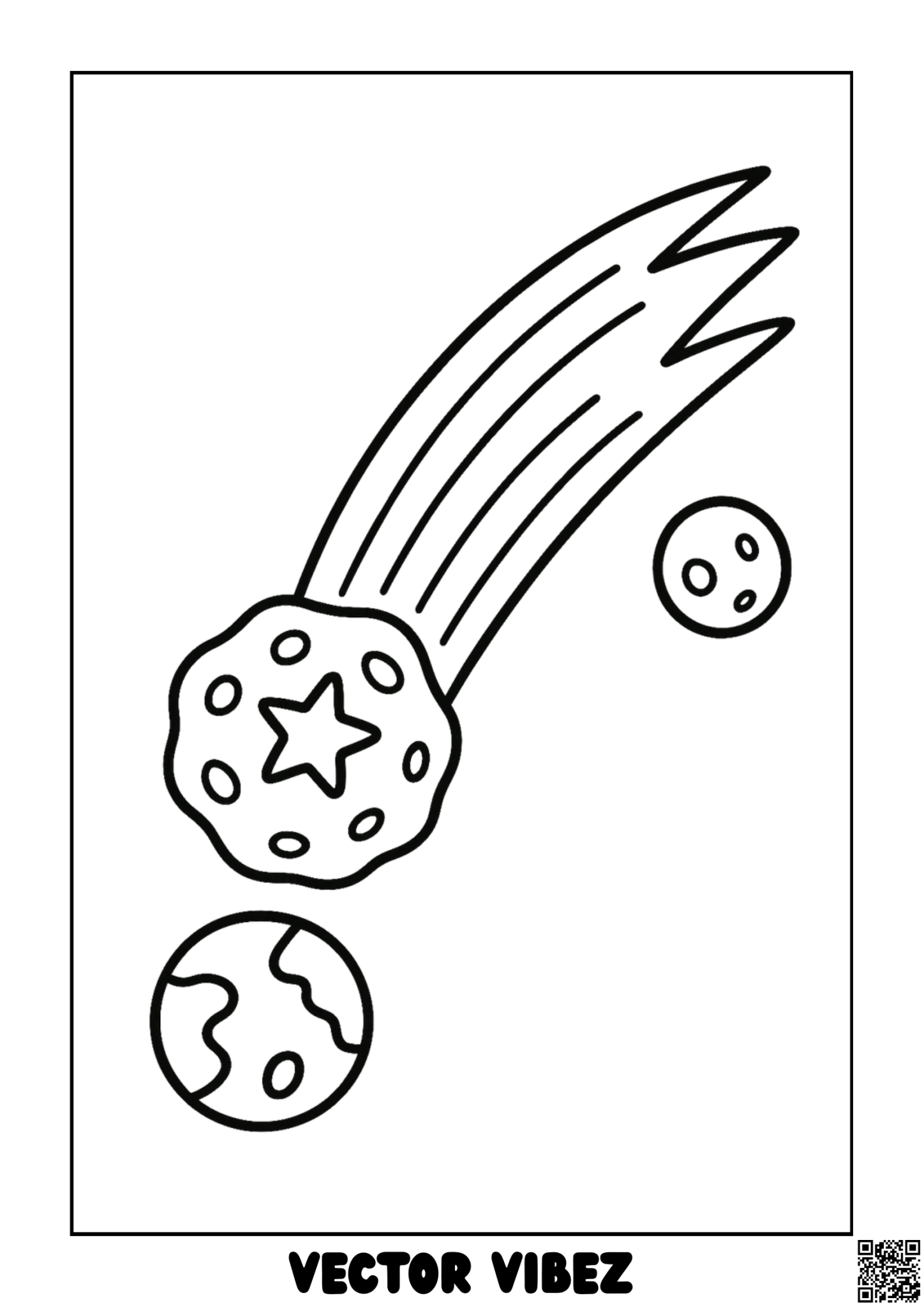 Free printable comet zooming past distant stars coloring page for kids — download and print free at VectorVibez.com