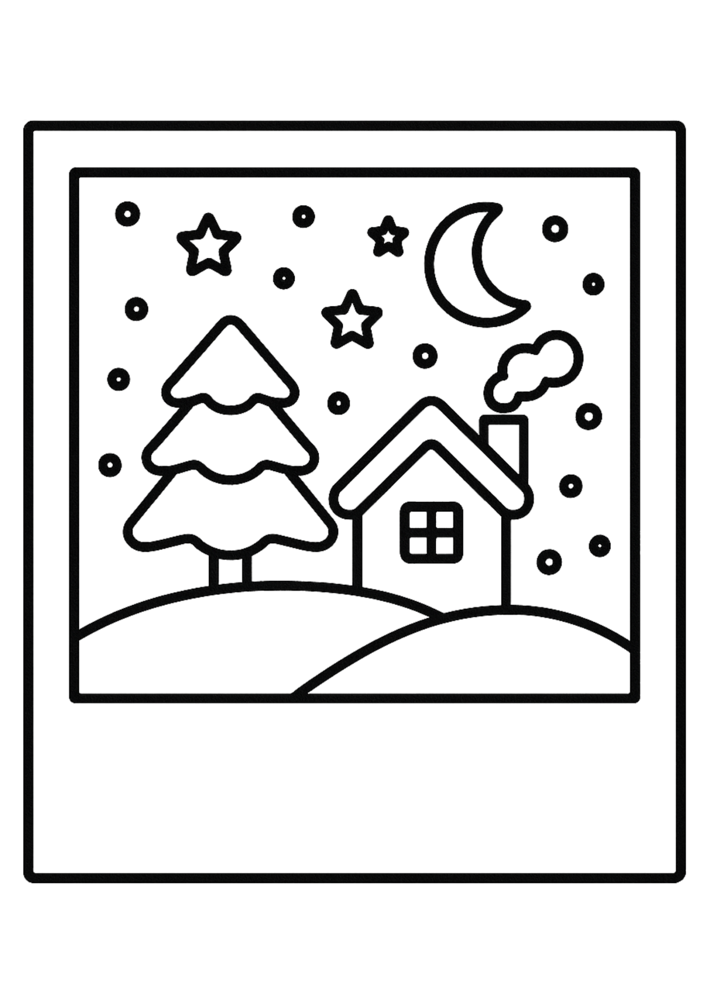 Free printable cozy winter cottage under moonlight coloring page for kids — download and print free at VectorVibez.com