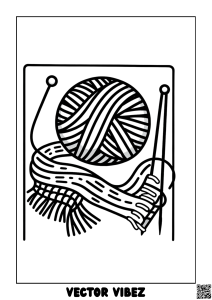 Free printable cozy yarn ball and needles coloring page for kids — download and print free at VectorVibez.com
