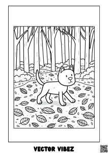 Free printable curious cat exploring autumn leaves coloring page for kids — download and print free at VectorVibez.com