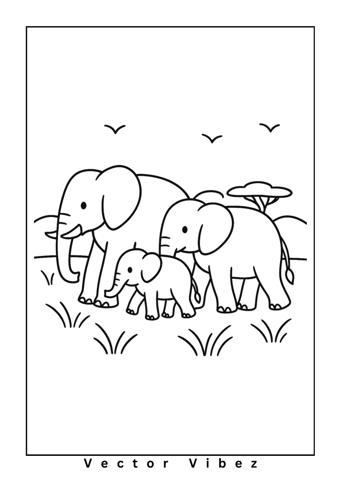 Free printable elephant family bathing at waterhole coloring page for kids — download and print free at VectorVibez.com
