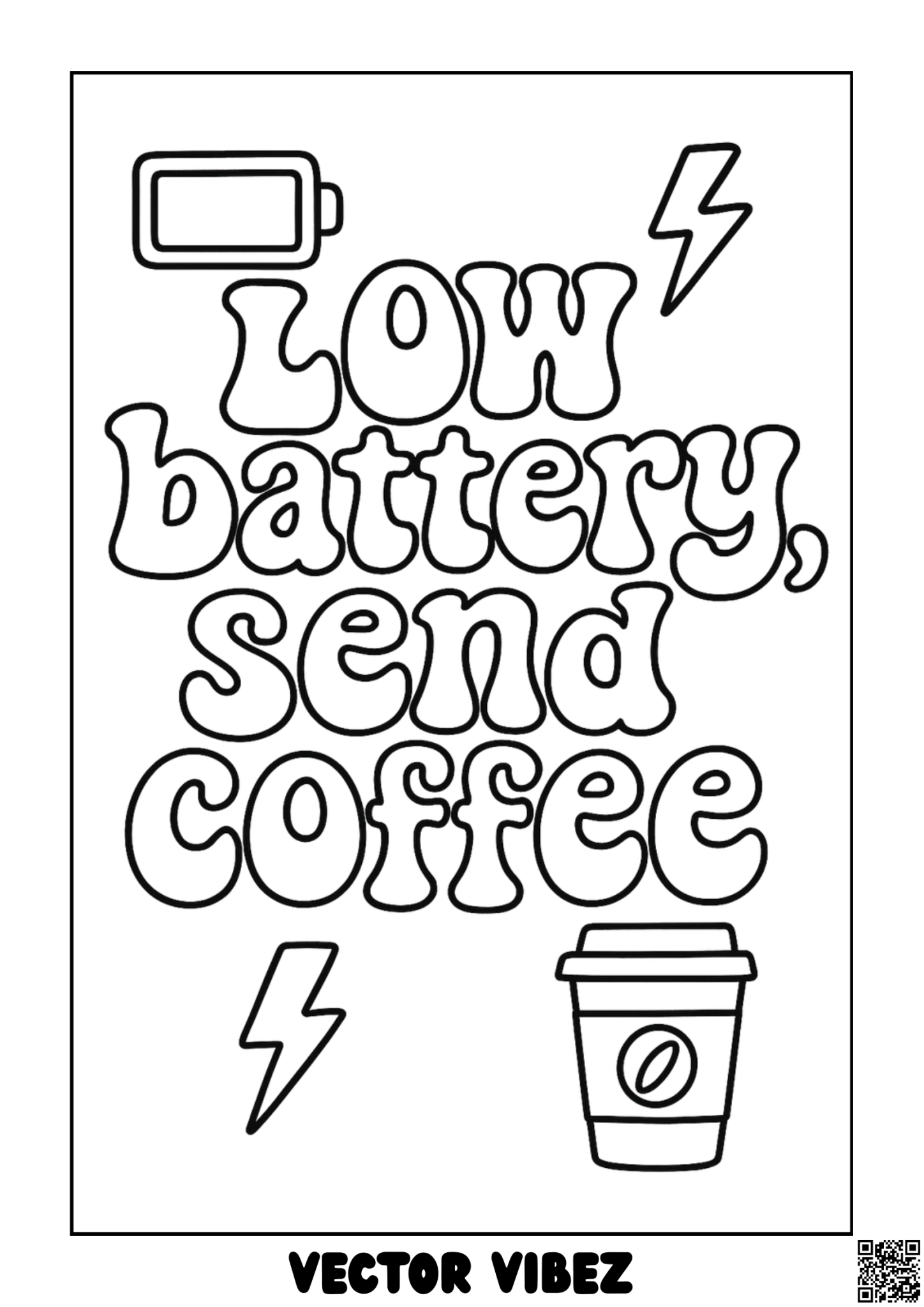 Free printable exhausted coffee mug with low battery alert coloring page for kids — download and print free at VectorVibez.com