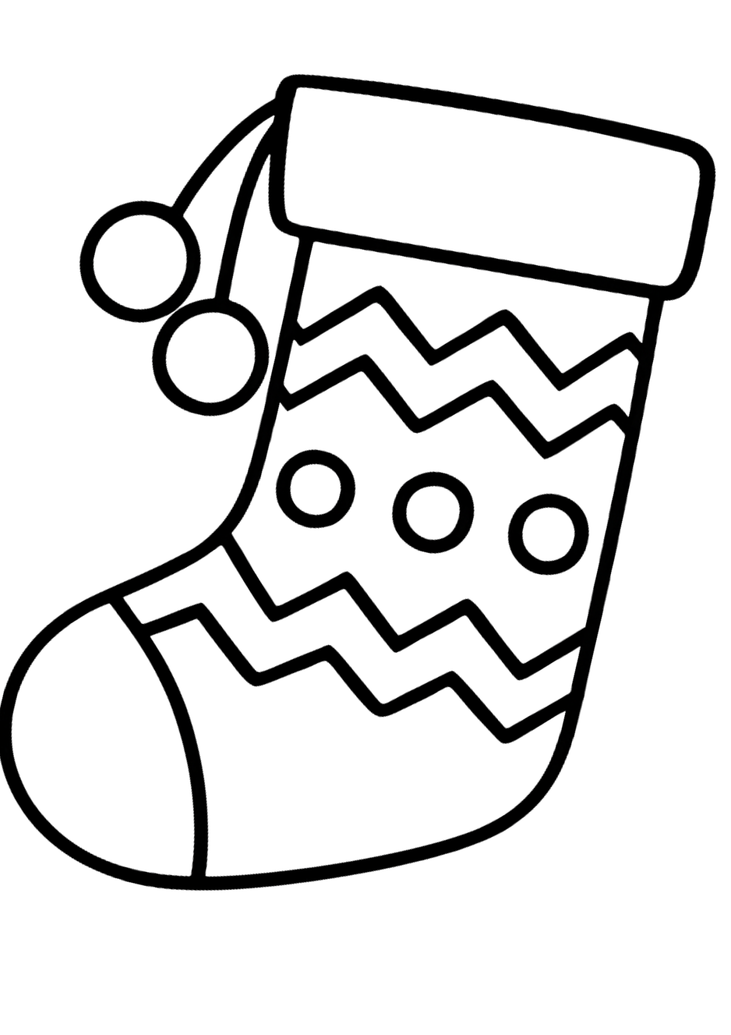 Free printable festive christmas stocking overflowing with treats coloring page for kids — download and print free at VectorVibez.com