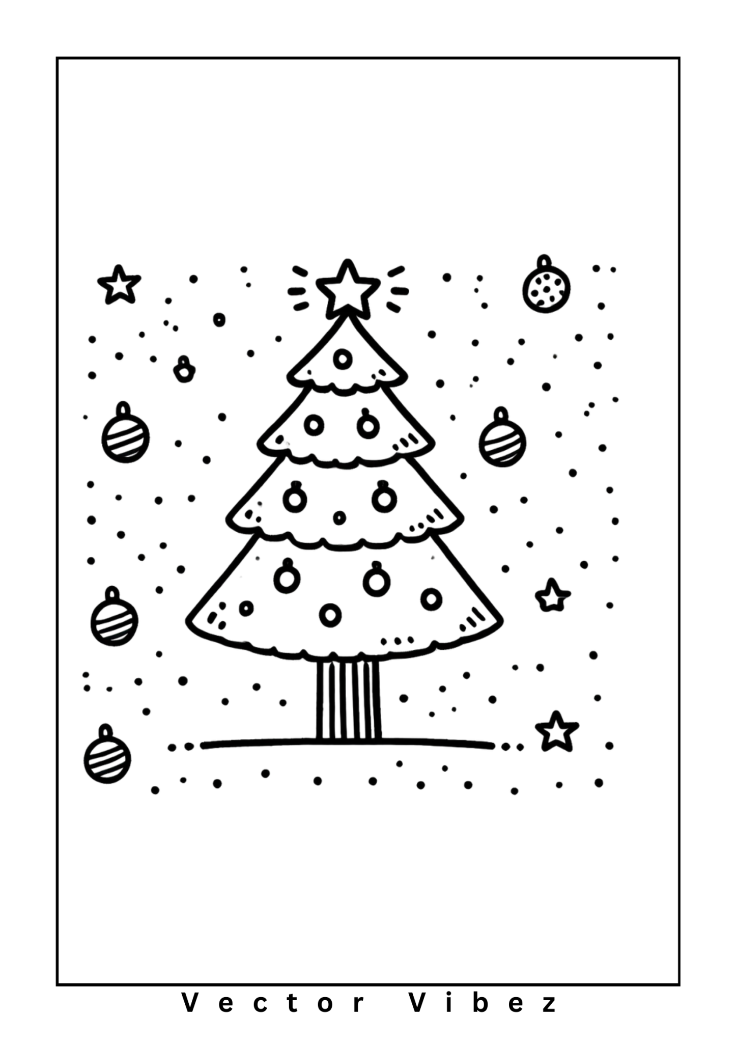 Free printable festive christmas tree with sparkling stars coloring page for kids — download and print free at VectorVibez.com