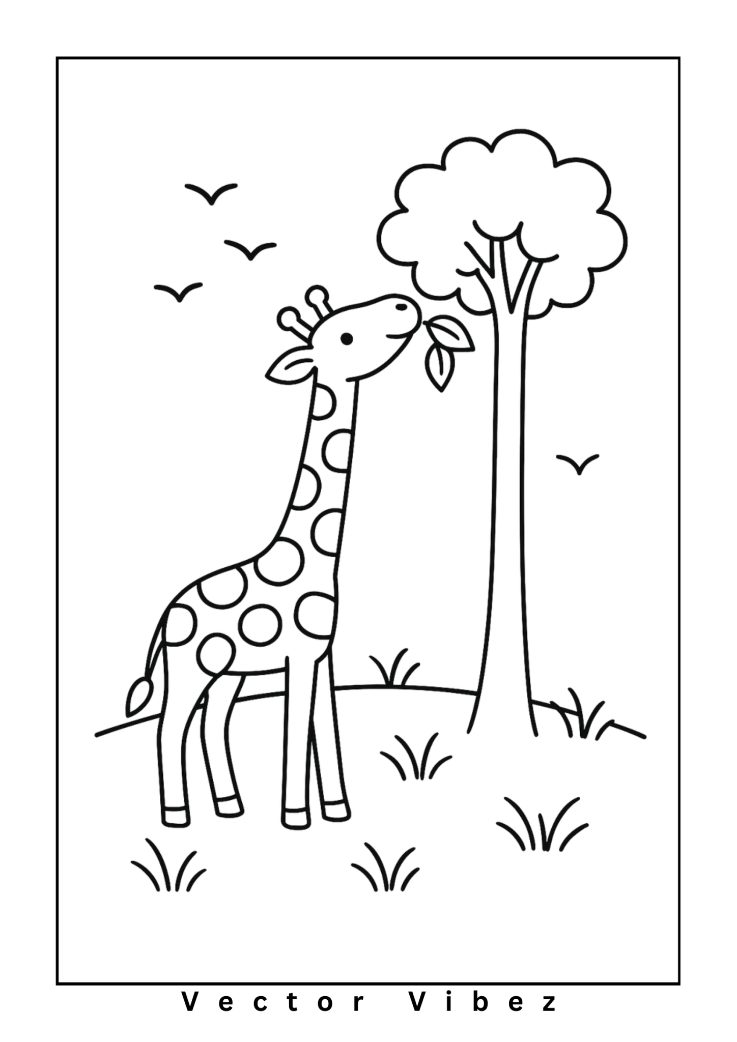 Free printable giraffe munching leaves by tall tree coloring page for kids — download and print free at VectorVibez.com