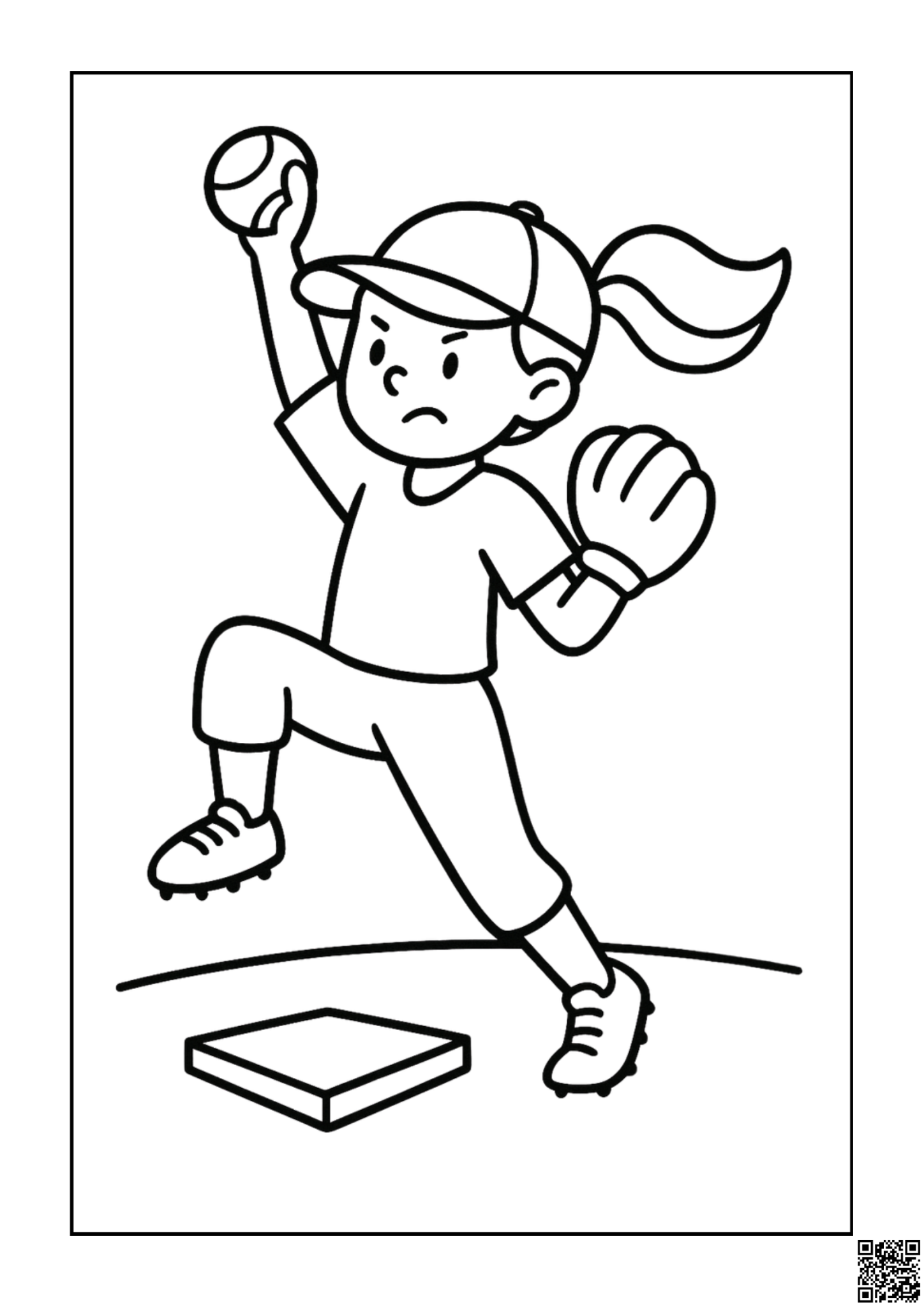 Free printable girl pitching a perfect softball coloring page for kids — download and print free at VectorVibez.com