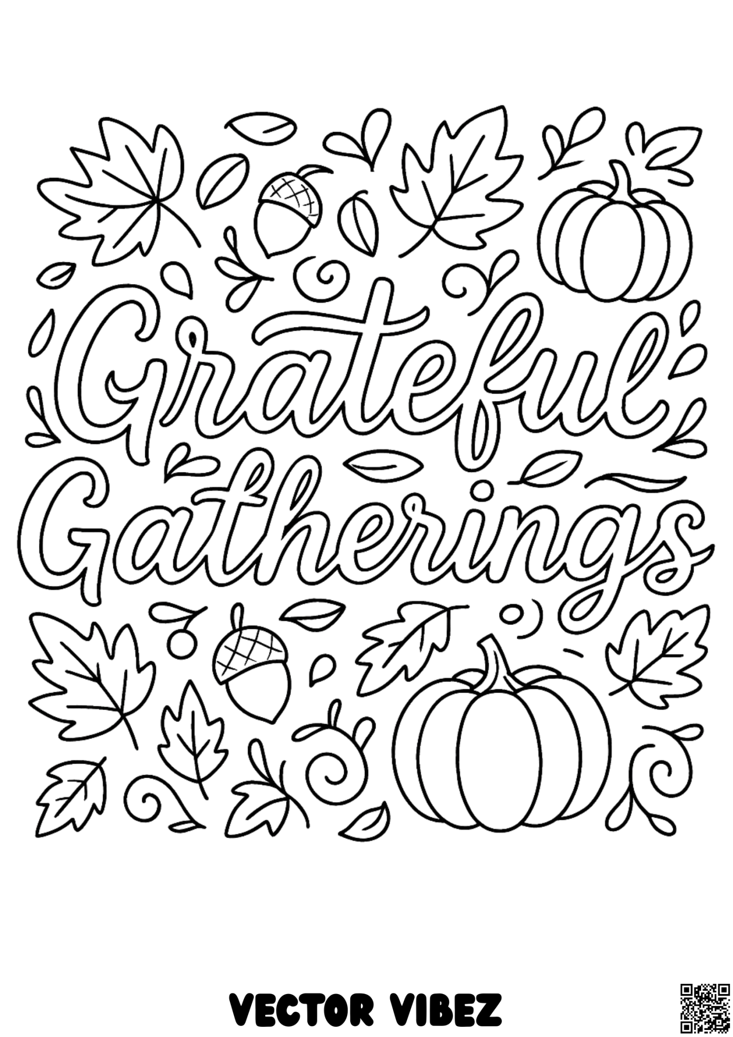 Free printable grateful family gathering with autumn feast coloring page for kids — download and print free at VectorVibez.com