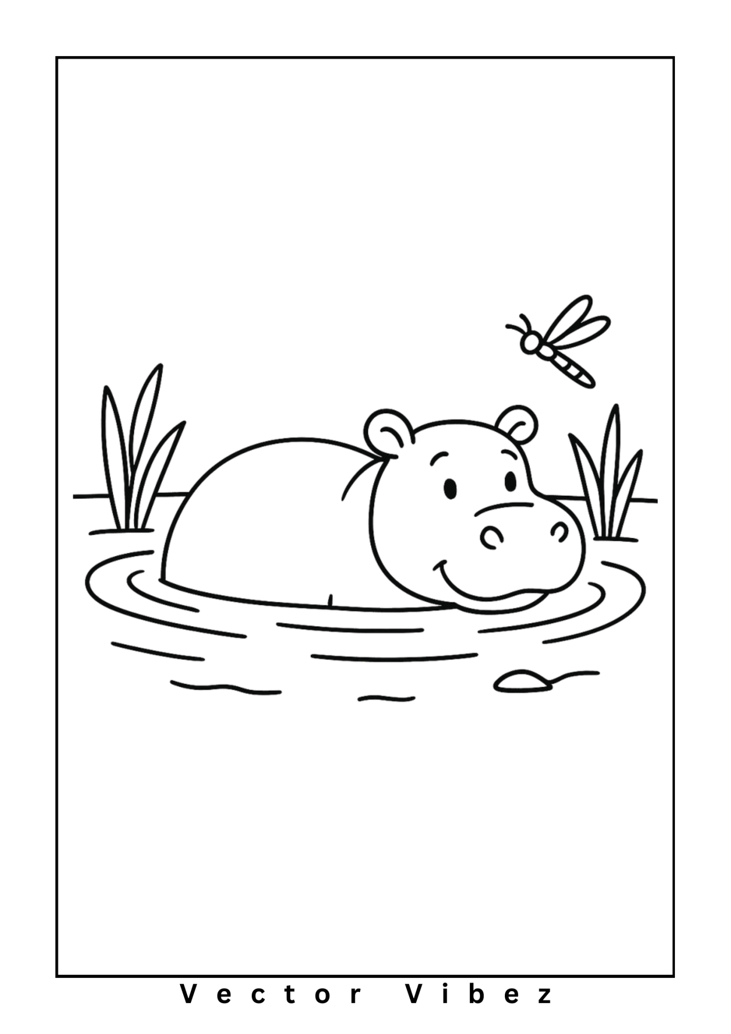 Free printable happy hippo splashing with dragonfly coloring page for kids — download and print free at VectorVibez.com