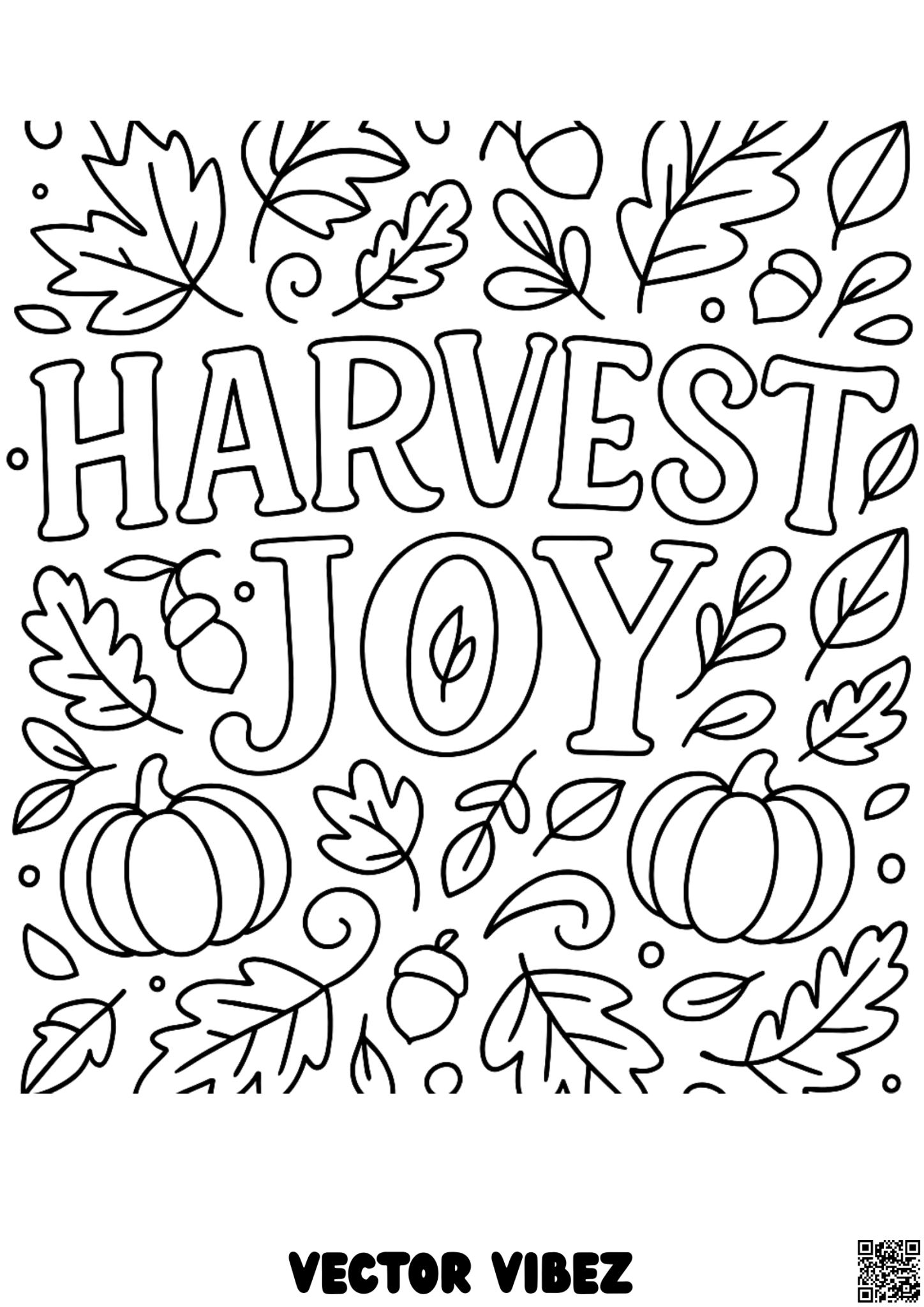 Free printable harvest joy with thankful scarecrow coloring page for kids — download and print free at VectorVibez.com