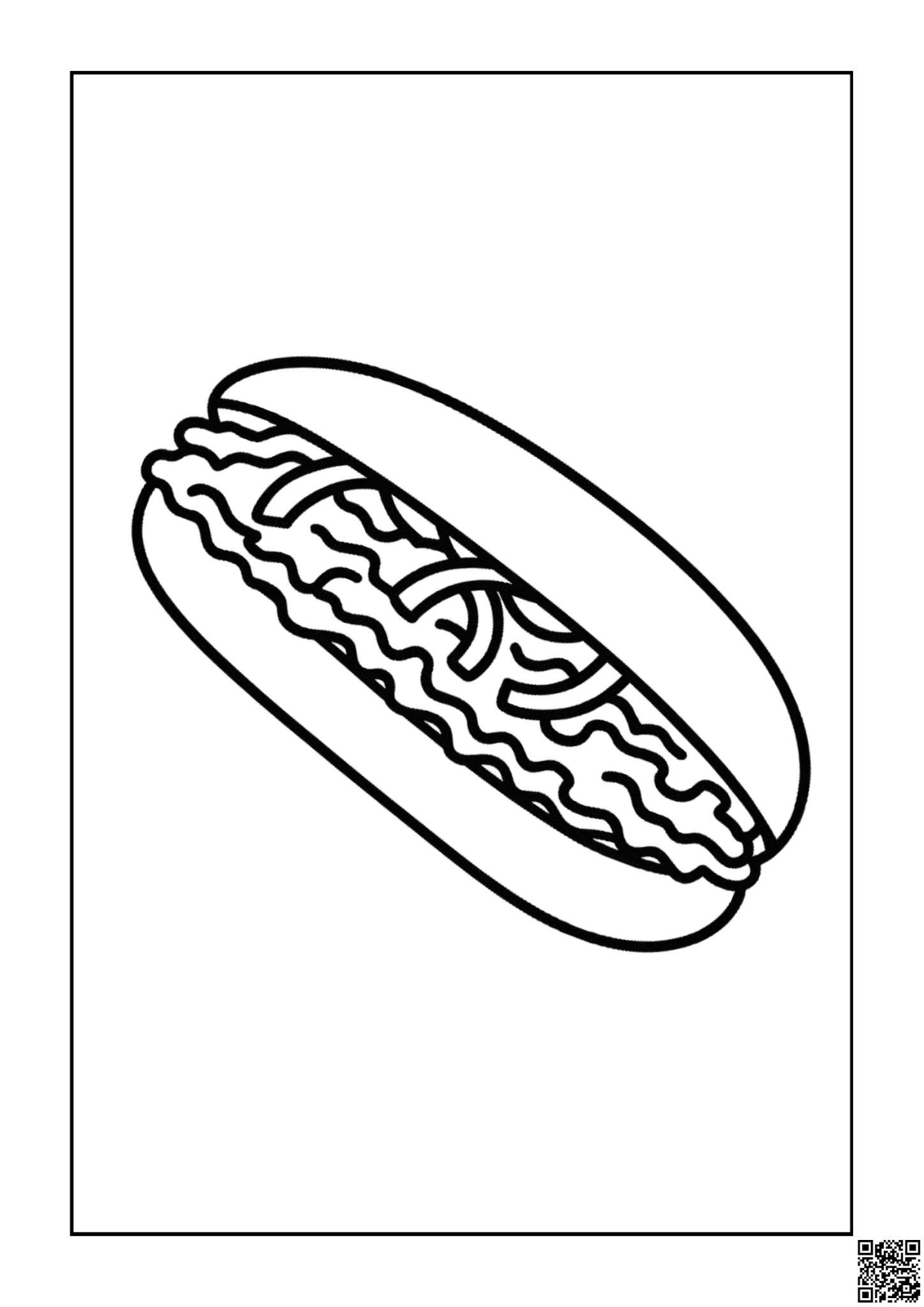 Free printable hot dog with dancing mustard swirls coloring page for kids — download and print free at VectorVibez.com