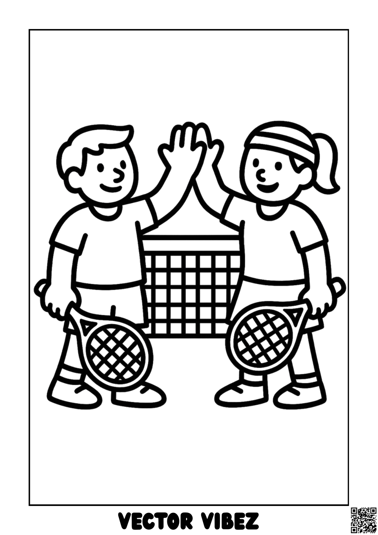 Free printable kids high-fiving on tennis court coloring page for kids — download and print free at VectorVibez.com
