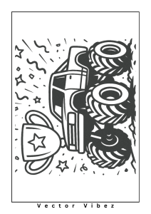 Free printable monster truck celebrating trophy win coloring page for kids — download and print free at VectorVibez.com