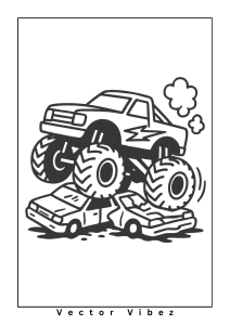 Free printable monster truck crushing old cars coloring page for kids — download and print free at VectorVibez.com