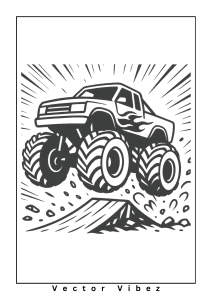 Free printable monster truck jumping over volcano coloring page for kids — download and print free at VectorVibez.com