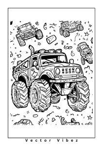 Free printable monster truck on moon adventure coloring page for kids — download and print free at VectorVibez.com